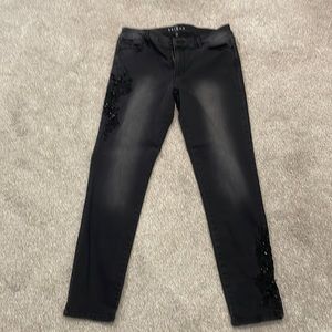 WHBM Black skinny ankle jeans with flowered sequin design